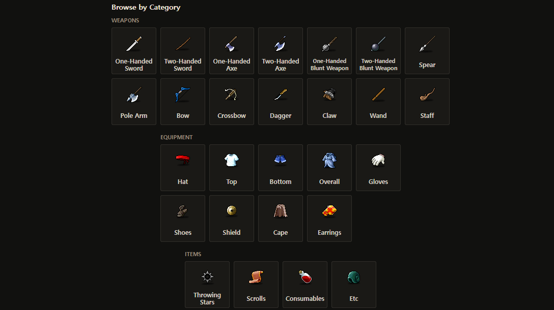 Current Home Browse by Category grid for weapons, equipment, and other items