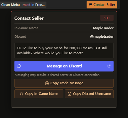 Current Contact Seller panel with in-game name, Discord identity, direct Discord message action, trade message, and copy actions