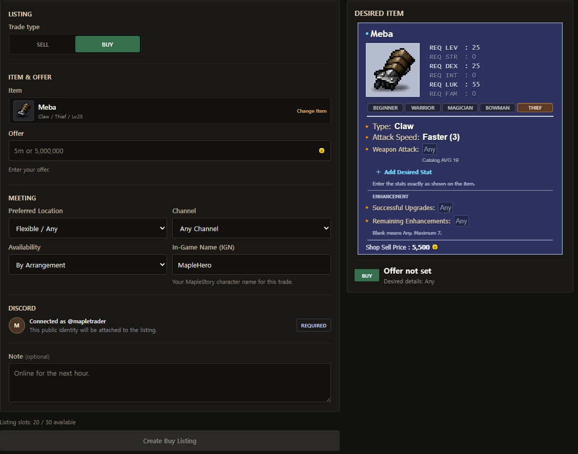 Create BUY form with offer details and the direct-edit Desired Item window