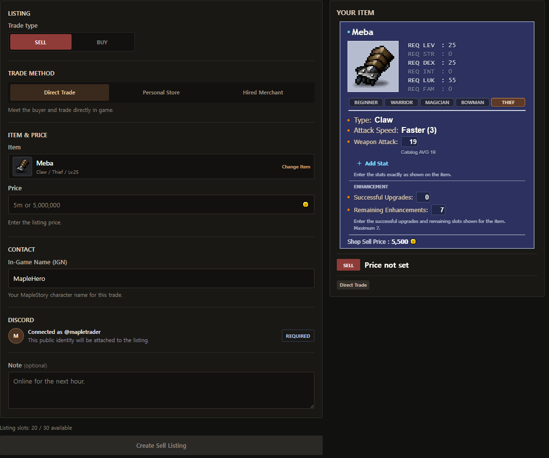Create SELL form with listing details and the direct-edit Your Item window