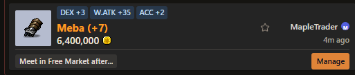 Current enhanced equipment listing with final stat differences, upgrade progress, listing note, price, and trader