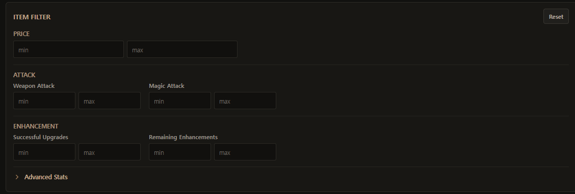 Current Item Market filter panel for price, attack, enhancement, and advanced stats
