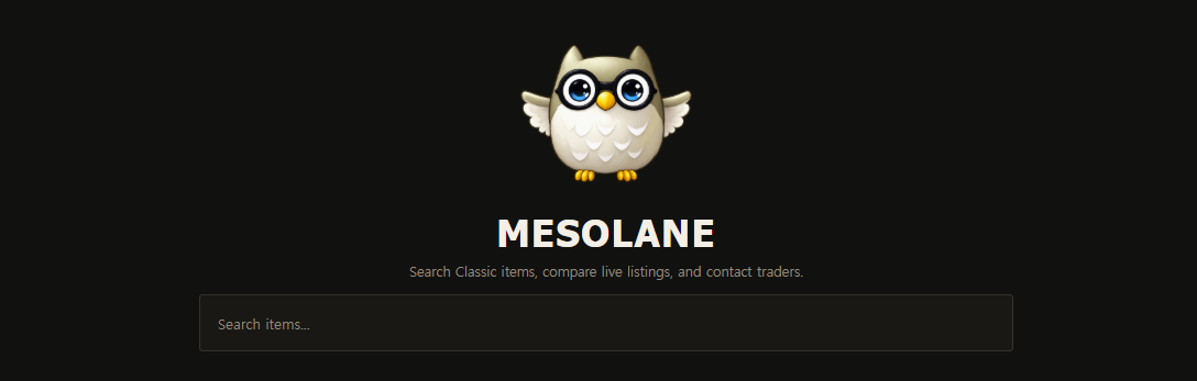 Current MESOLANE Home hero with Owl branding, value proposition, and item search