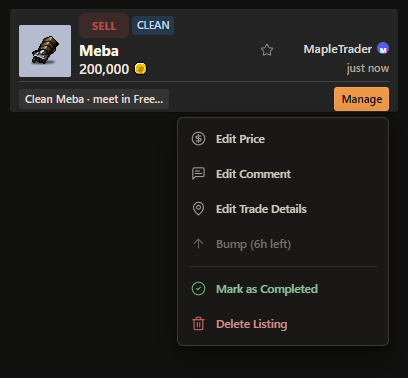 Current owned listing with its Manage menu, edit actions, Bump cooldown, completion, and deletion