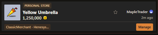 Current Personal Store listing showing the trade badge, store location, channel, and trader