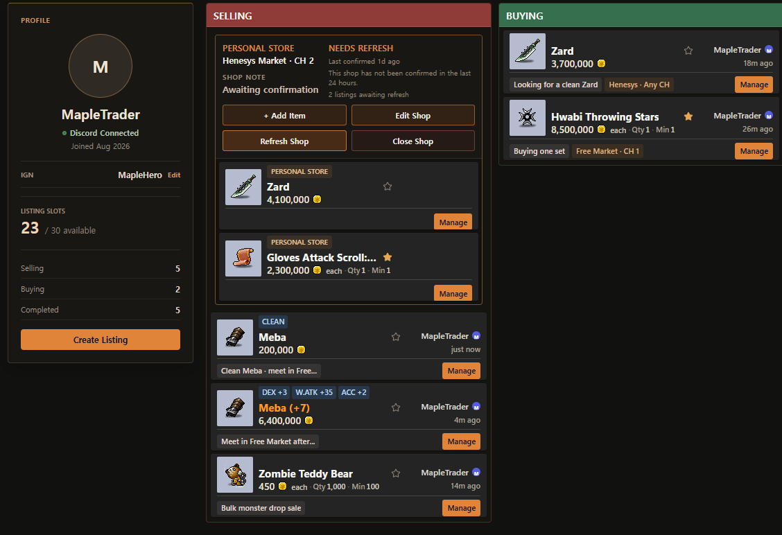 Current owner Profile with one NEEDS REFRESH Store, grouped common information, Edit Shop, Add Item, Refresh Shop, and Close Shop controls