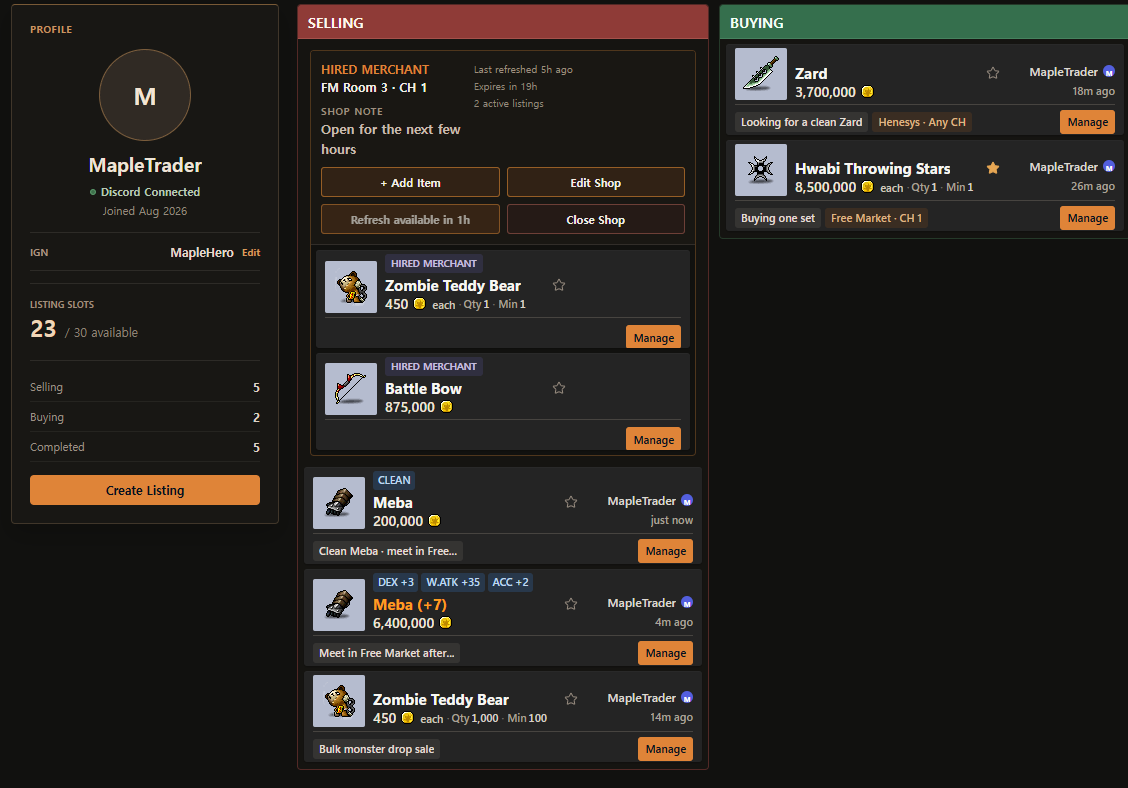 Current Profile with Discord identity, Listing Slots, grouped Store information, Edit Shop controls, and complete active SELL and BUY listings