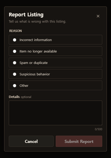 Current Report Listing dialog with reasons, optional details, and disabled submit action