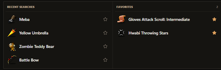 Current search library showing Recent Searches and item-level Favorites