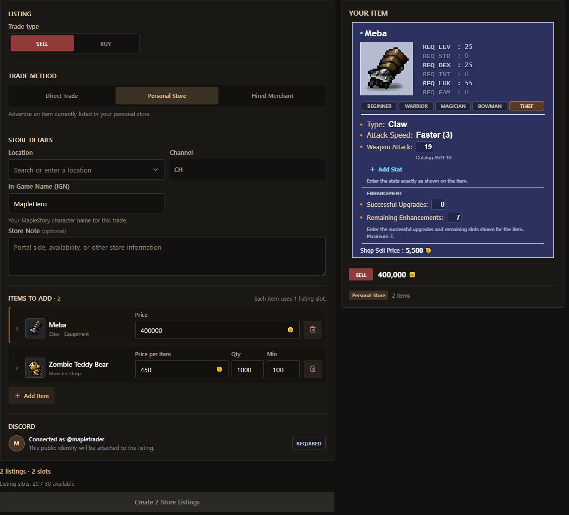 Create Store form with a selected equipment row, a stackable row, and the active direct-edit item window