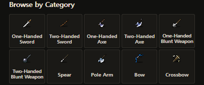 First two rows of the five-column mobile Browse by Category grid with full Blunt Weapon names