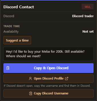 Discord Contact with trade time, message preview, Copy and Open Discord, and username fallback