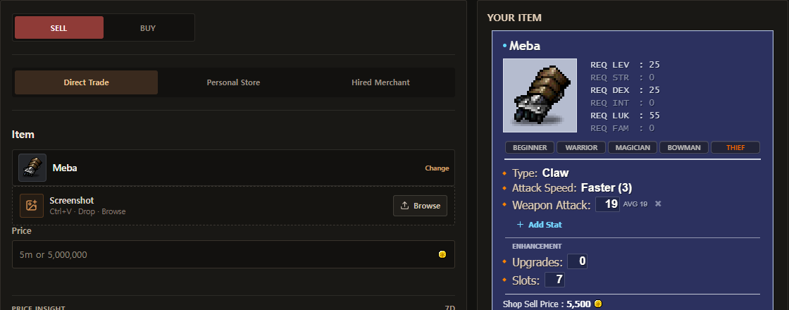 Current SELL listing form with trade method, screenshot input, item details, and Slots field