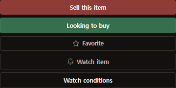 Item detail actions: red Sell this item, green Looking to buy, Favorite, and Watch item