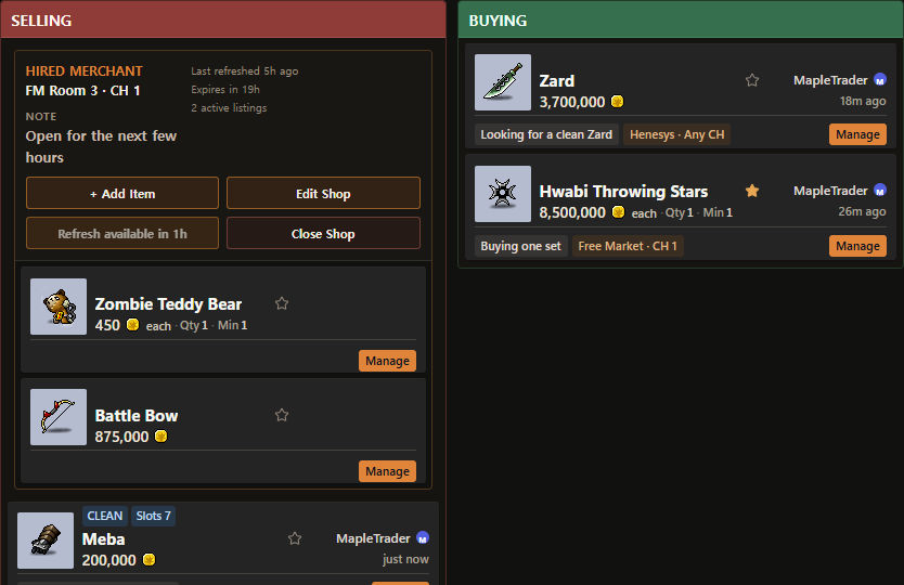 Current owner Profile with SELL and BUY listings, Store controls, and orange Manage actions