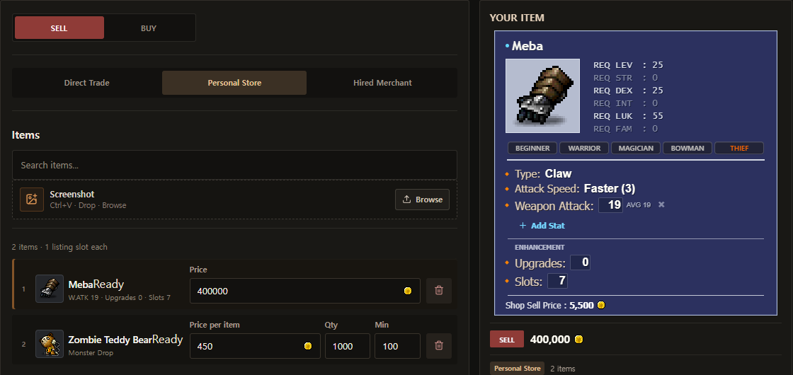 Current Personal Store listing form with two items, prices, quantity, and minimum amount